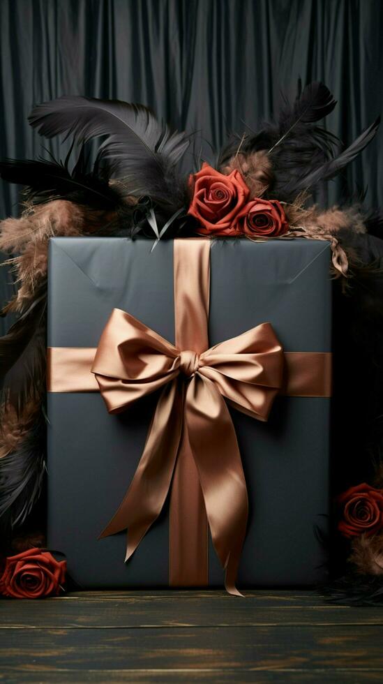 romántico elegancia arte caja con texturizado arco, plumas, en encantador oscuro antecedentes. vertical móvil fondo de pantalla ai generado foto