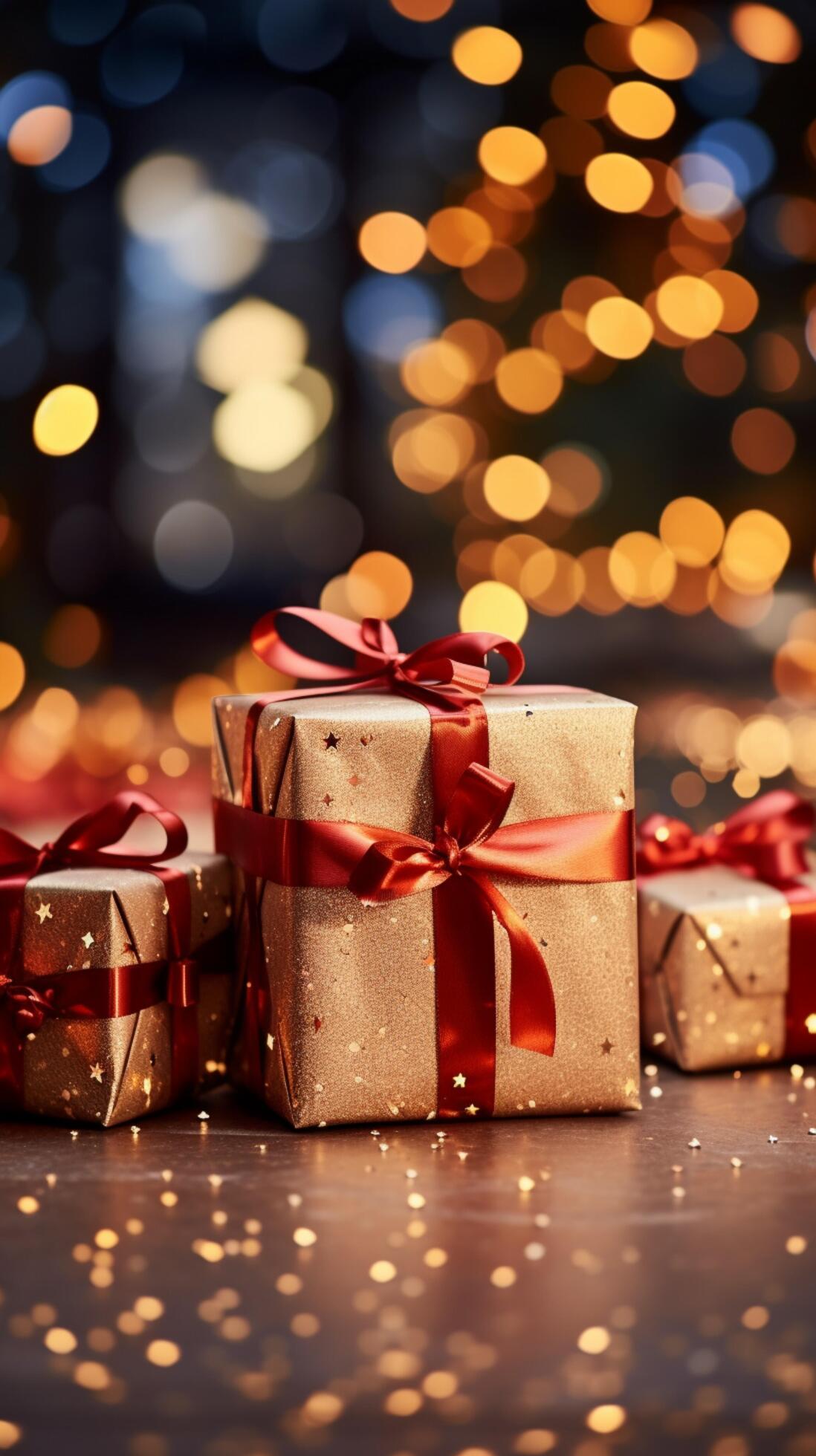 Celebratory gift boxes, tied with grand red bows, twinkle amid bokeh