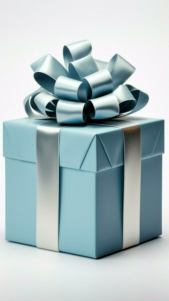 Unveiled blue gift box, elegant white bow, isolated against pristine white background. Vertical Mobile Wallpaper AI Generated photo