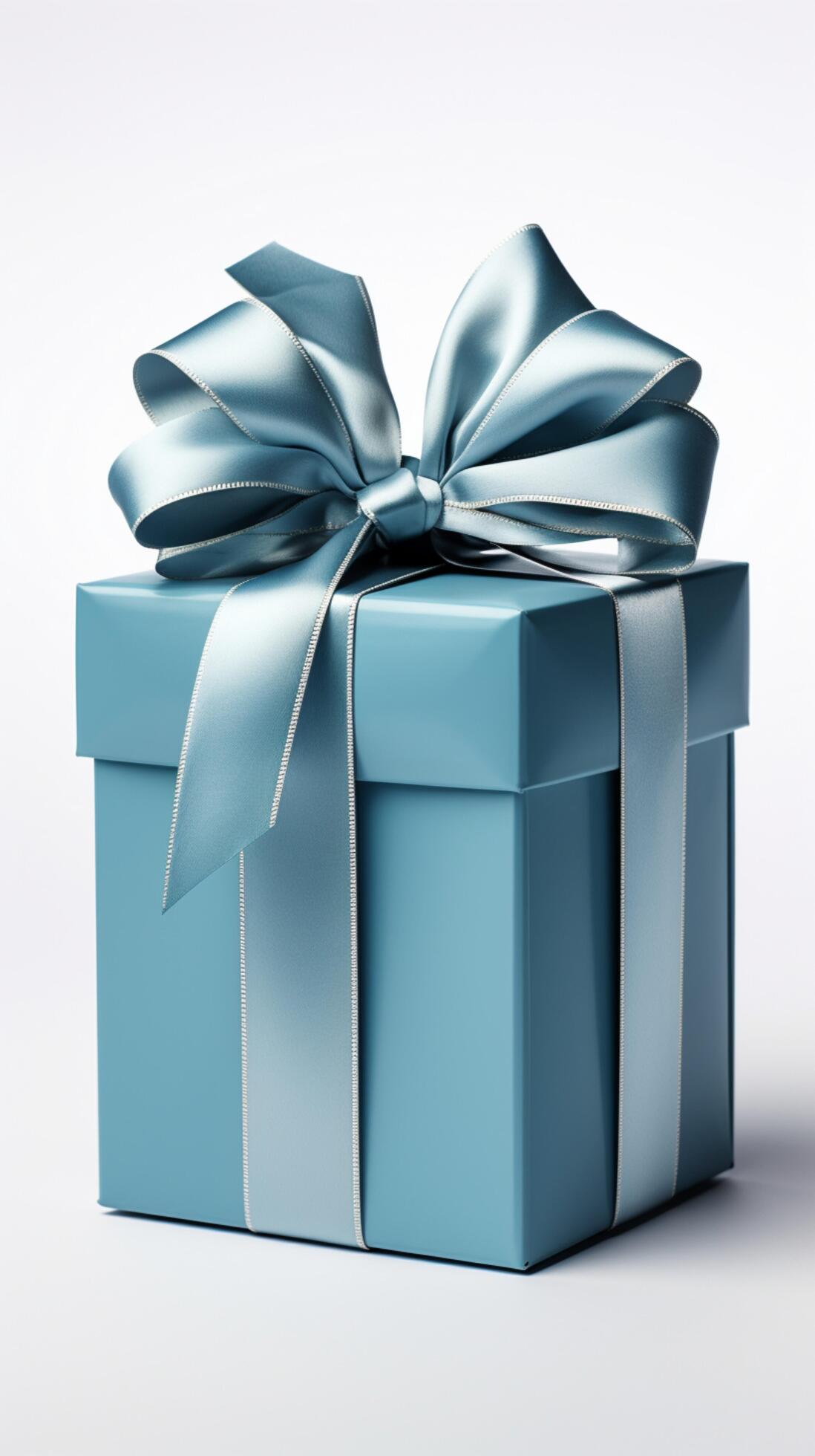 Unveiled blue gift box, elegant white bow, isolated against pristine