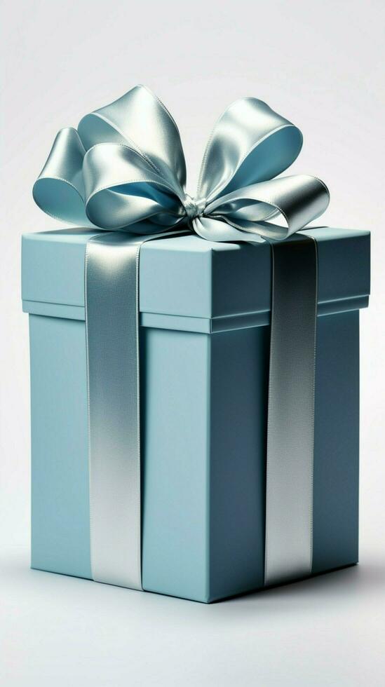 Unveiled blue gift box, elegant white bow, isolated against pristine white background. Vertical Mobile Wallpaper AI Generated photo