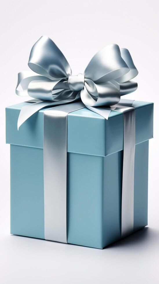 Unveiled blue gift box, elegant white bow, isolated against pristine