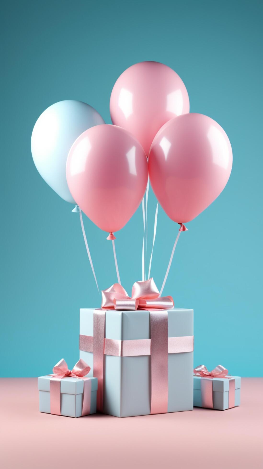Whimsical mix White gift box, blue ribbon, balloon against playful pink