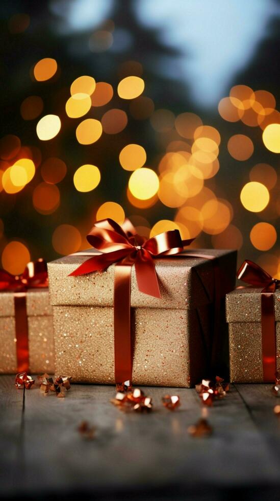 Celebratory gift boxes, tied with grand red bows, twinkle amid bokeh lights. Vertical Mobile Wallpaper AI Generated photo