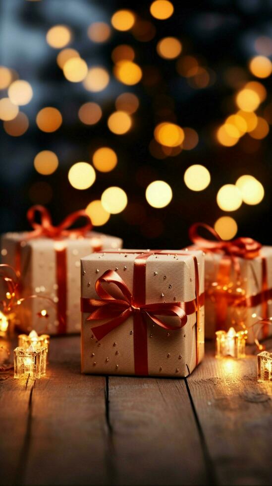 Celebratory gift boxes, tied with grand red bows, twinkle amid bokeh lights. Vertical Mobile Wallpaper AI Generated photo