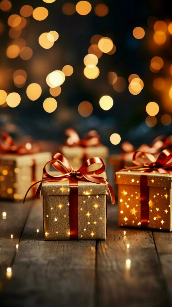 Christmas magic Gift boxes, red bows, twinkle amidst bokeh lights' celebration. Vertical Mobile Wallpaper AI Generated photo