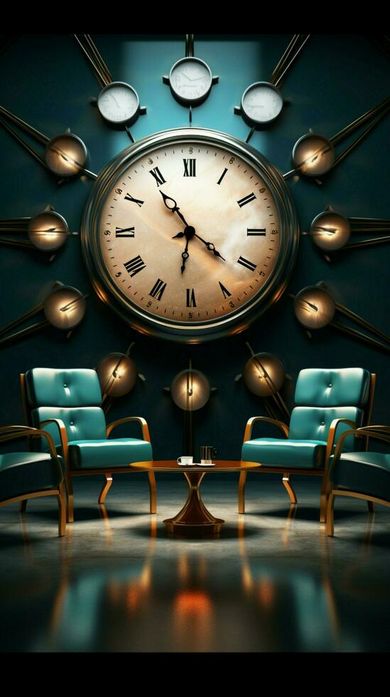 3D rendering Chairs accompanied by clock, in a thoughtfully crafted illustrative scene. Vertical Mobile Wallpaper AI Generated photo