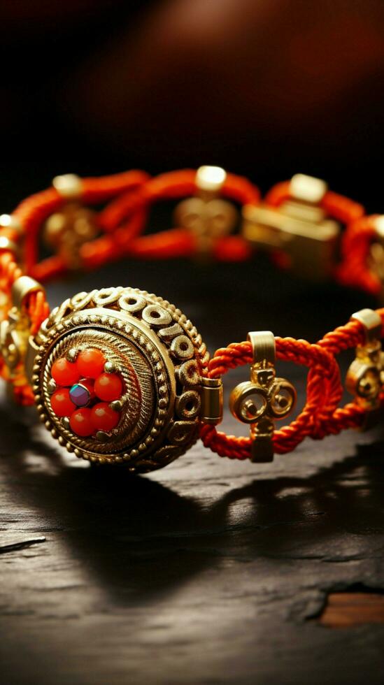 Festive thread Raksha Bandhan wrist band from India placed elegantly on a table Vertical Mobile Wallpaper AI Generated photo