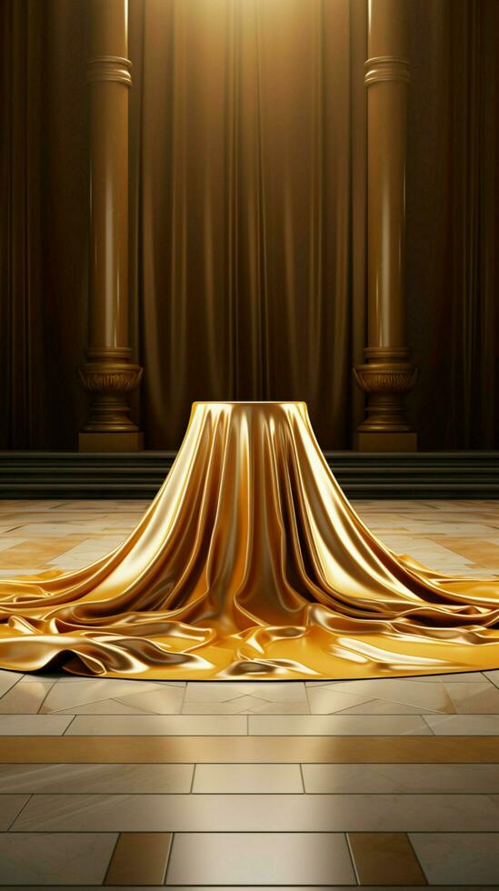 3D scene Empty podium with luxurious golden fabric atop, exuding elegance and opulence. Vertical Mobile Wallpaper AI Generated photo