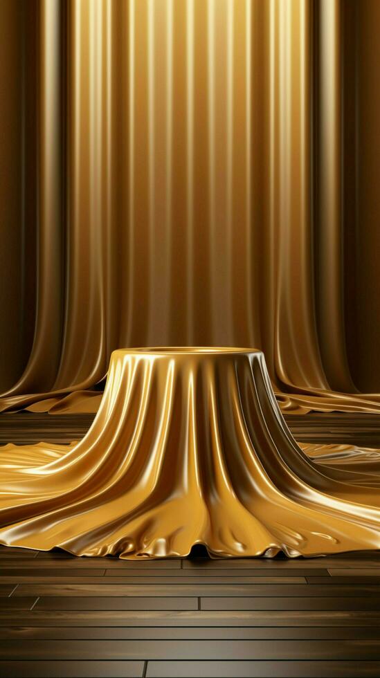 3D scene Empty podium with luxurious golden fabric atop, exuding elegance and opulence. Vertical Mobile Wallpaper AI Generated photo