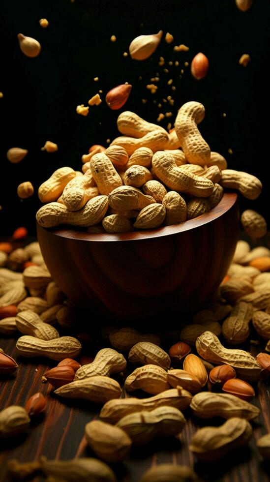 Focused flavors Dark background accentuates peanuts in a captivating, selective focus shot Vertical Mobile Wallpaper AI Generated photo