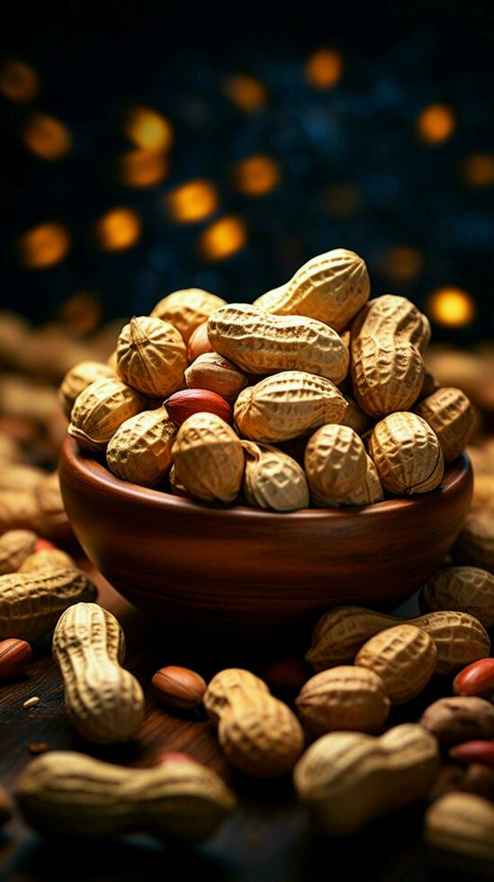 Nutty allure Selective focus captures peanuts against a dark backdrop, inviting texture Vertical Mobile Wallpaper AI Generated photo