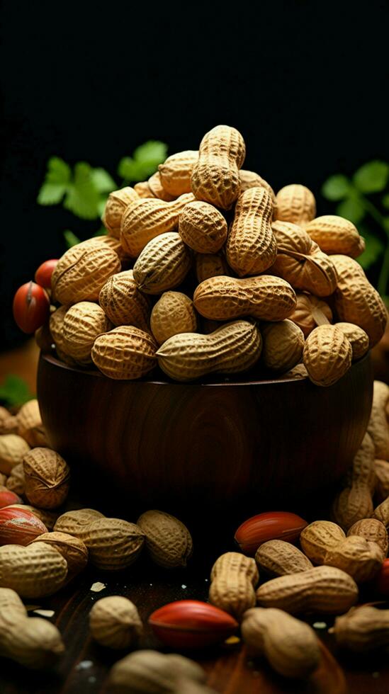 Nutty allure Selective focus captures peanuts against a dark backdrop, inviting texture Vertical Mobile Wallpaper AI Generated photo