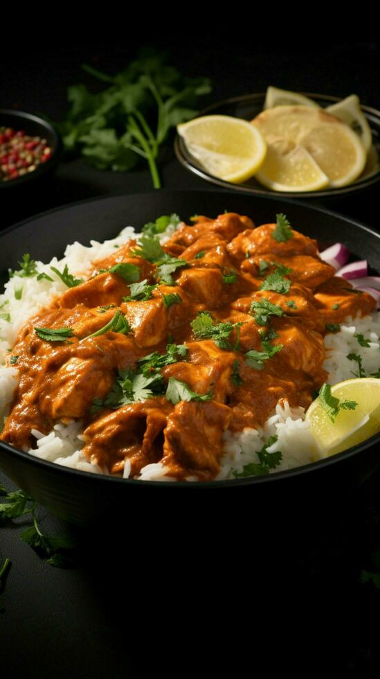 Rich indulgence Indian butter chicken in a black bowl against a dark backdrop Vertical Mobile Wallpaper AI Generated photo