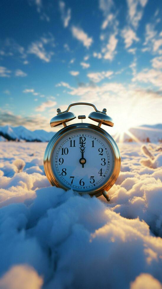 Alarm clock amidst vast snow field, resonating with the snowy background's calmness. Vertical Mobile Wallpaper AI Generated photo