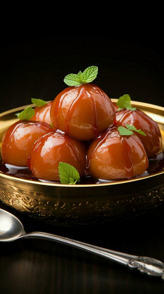 Sweet bliss Gulab jamun, milk based dumpling, a beloved treat for Indian and Pakistani festivities Vertical Mobile Wallpaper AI Generated photo