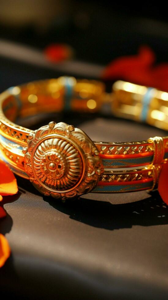 Symbolic bond Indian Raksha Bandhan wristband on display, resting gracefully on a table Vertical Mobile Wallpaper AI Generated photo
