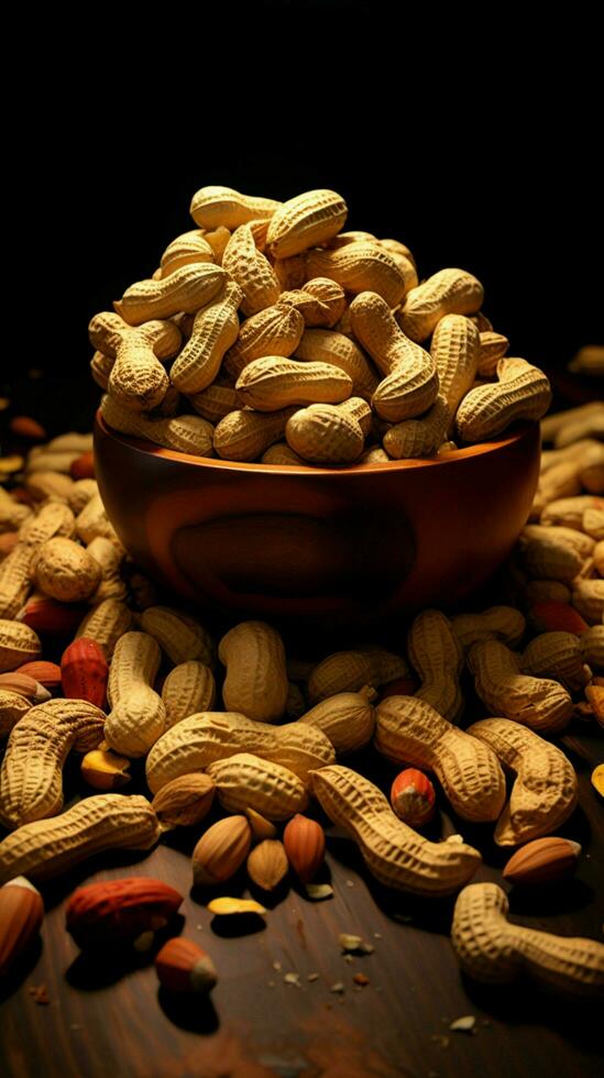 Textured view Dark backdrop intensifies the tactile allure of peanuts in selective focus Vertical Mobile Wallpaper AI Generated photo