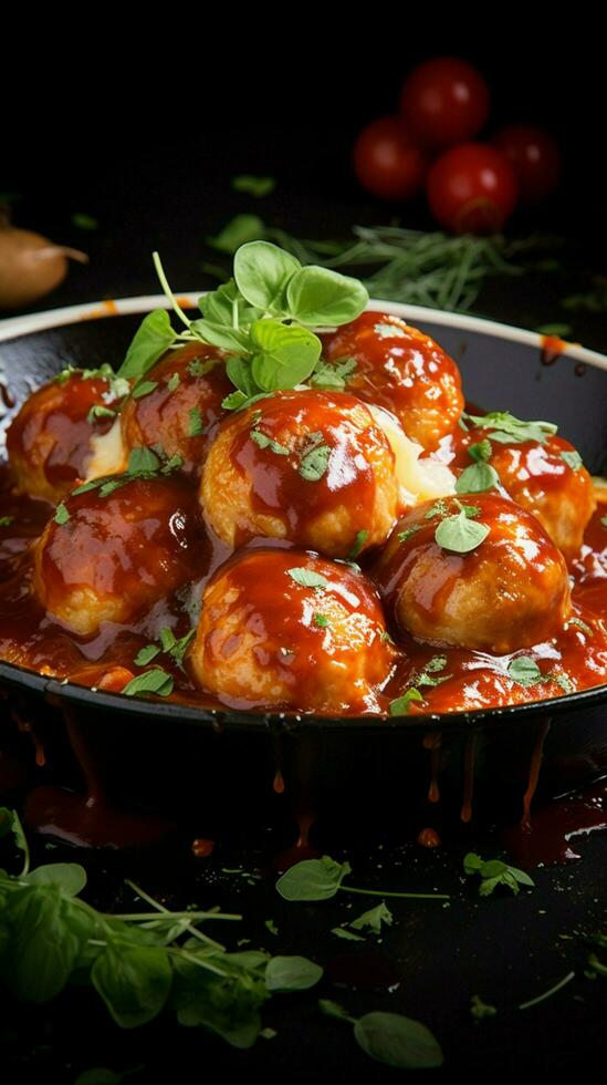Tomato glazed duo Chicken fillet and meatballs baked, immersed in luscious tomato sauce Vertical Mobile Wallpaper AI Generated photo