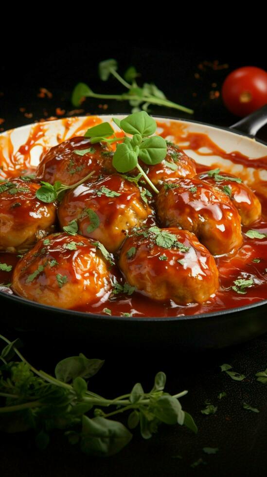 Tomato glazed duo Chicken fillet and meatballs baked, immersed in luscious tomato sauce Vertical Mobile Wallpaper AI Generated photo