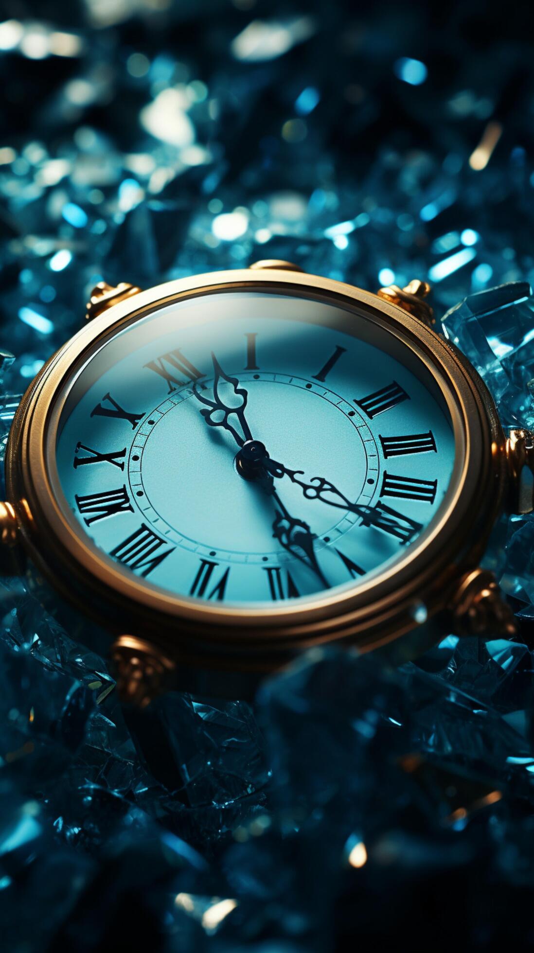 Atop shattered glass heap, a broken clock rests amidst the fragments