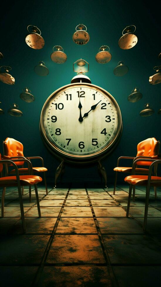 Chairs meet clock An illustrative rendering creates a unique and intriguing visual narrative. Vertical Mobile Wallpaper AI Generated photo