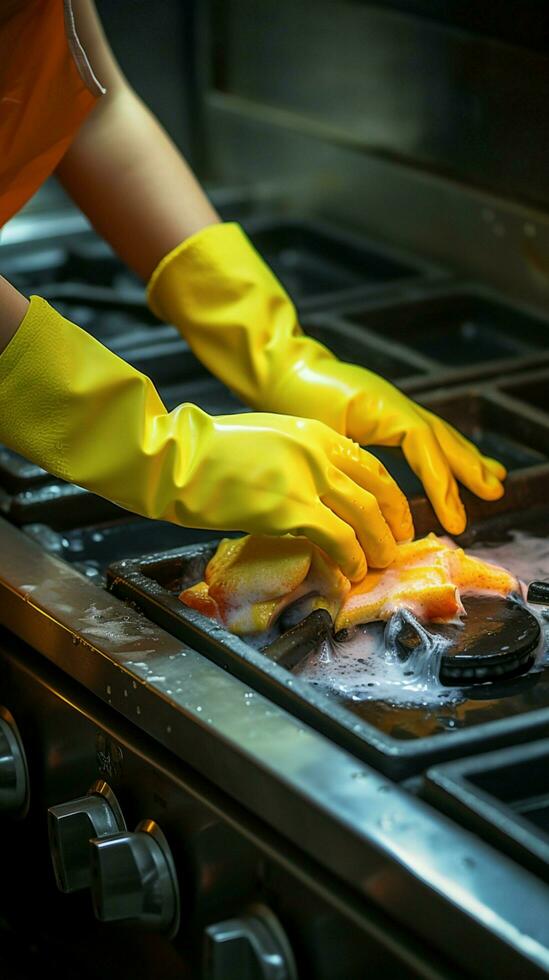 de cerca parte superior ver mujeres enguantado mano limpia sucio estufa enviar cocinando, abrazando tareas del hogar vertical móvil fondo de pantalla ai generado foto