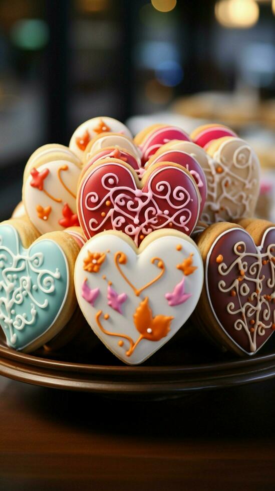 Colorful treats Heart shaped glazed cookies with floral designs on a wooden stand at a restaurant Vertical Mobile Wallpaper AI Generated photo