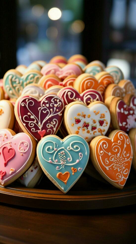 Colorful treats Heart shaped glazed cookies with floral designs on a wooden stand at a restaurant Vertical Mobile Wallpaper AI Generated photo