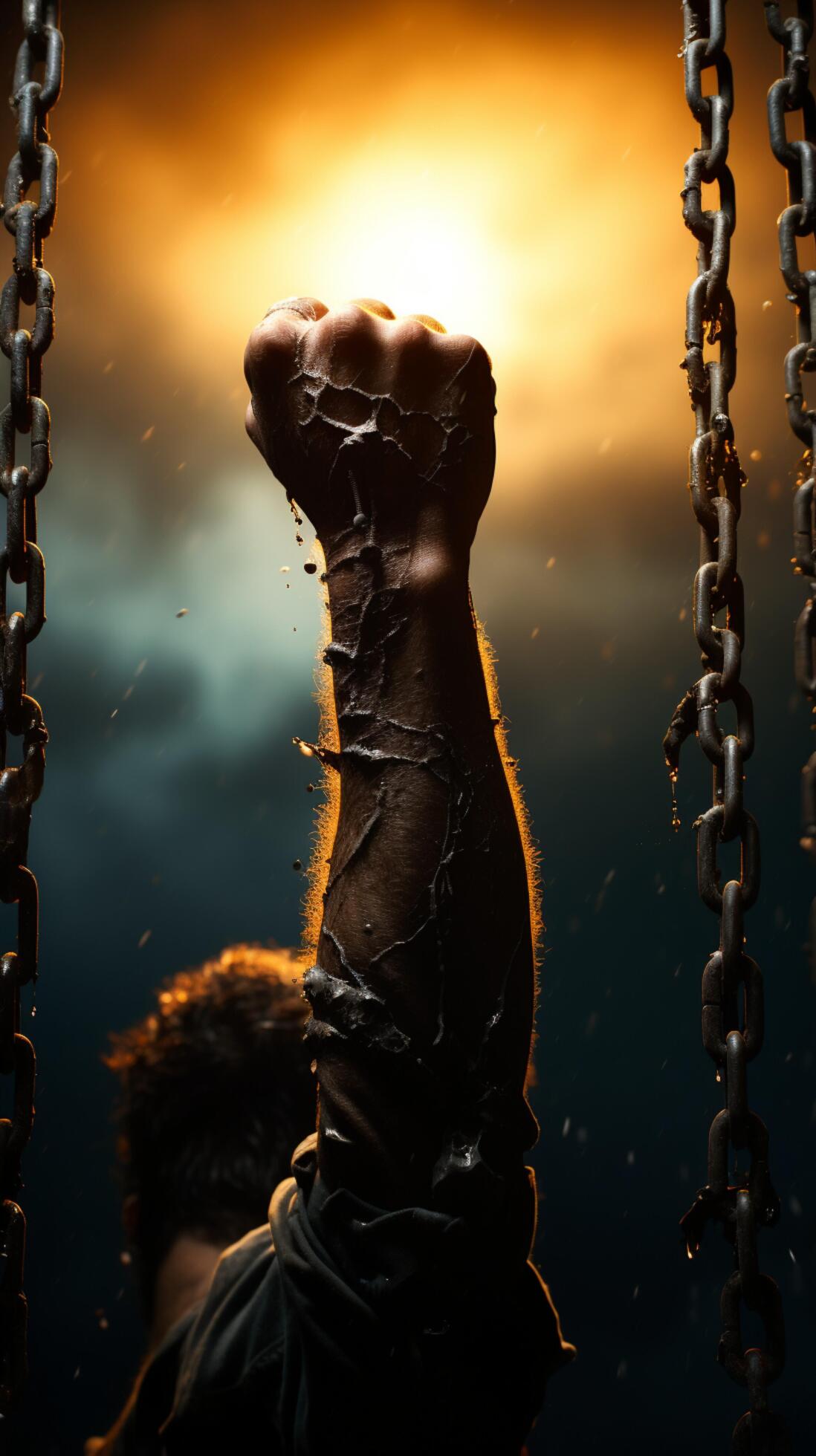 Absence of chains in hand signifies liberation, humans escape into