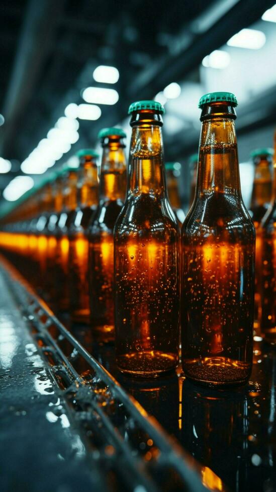 Conveyor belts shallow DOF spotlights beer bottles, showcasing manufacturing intricacies with focus Vertical Mobile Wallpaper AI Generated photo