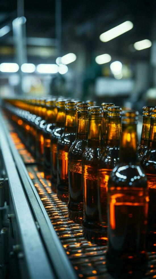 Conveyor belts shallow DOF spotlights beer bottles, showcasing manufacturing intricacies with focus Vertical Mobile Wallpaper AI Generated photo