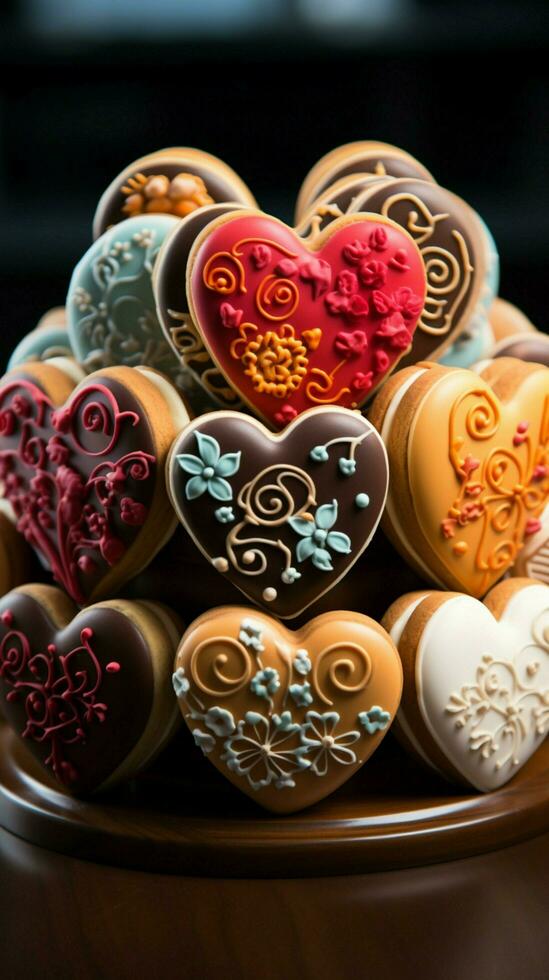 culinario artesanía vidriado corazón conformado galletas con floral patrones exhibido en un de madera estar vertical móvil fondo de pantalla ai generado foto