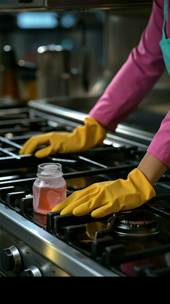 Domestic scene Female hand in gloves cleans stove, housewifes satisfaction evident from above Vertical Mobile Wallpaper AI Generated photo