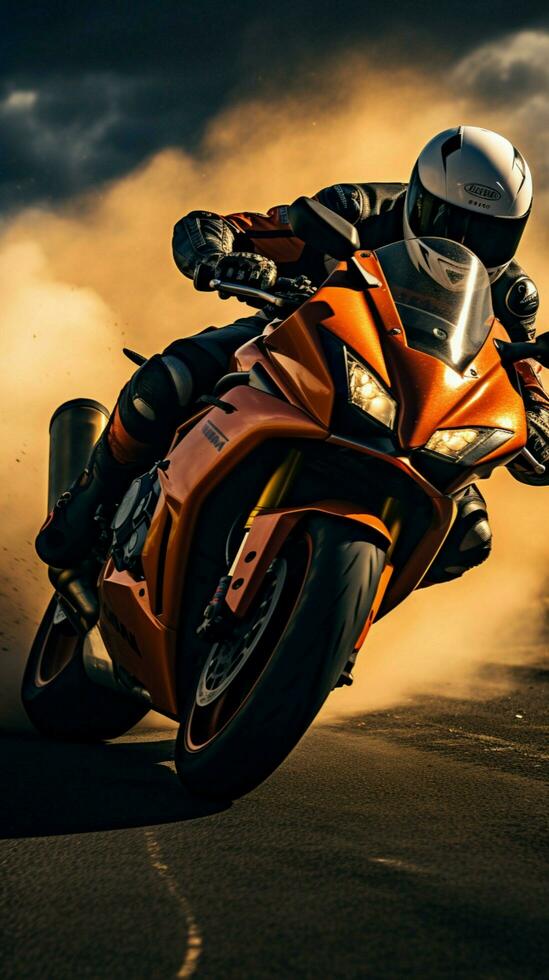 Extreme athletes navigate race track on sport motorcycles, racing for ultimate triumph Vertical Mobile Wallpaper AI Generated photo