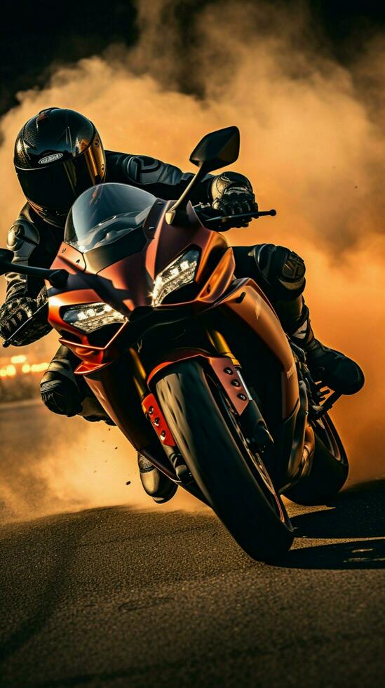 Extreme athletes navigate race track on sport motorcycles, racing for ultimate triumph Vertical Mobile Wallpaper AI Generated photo