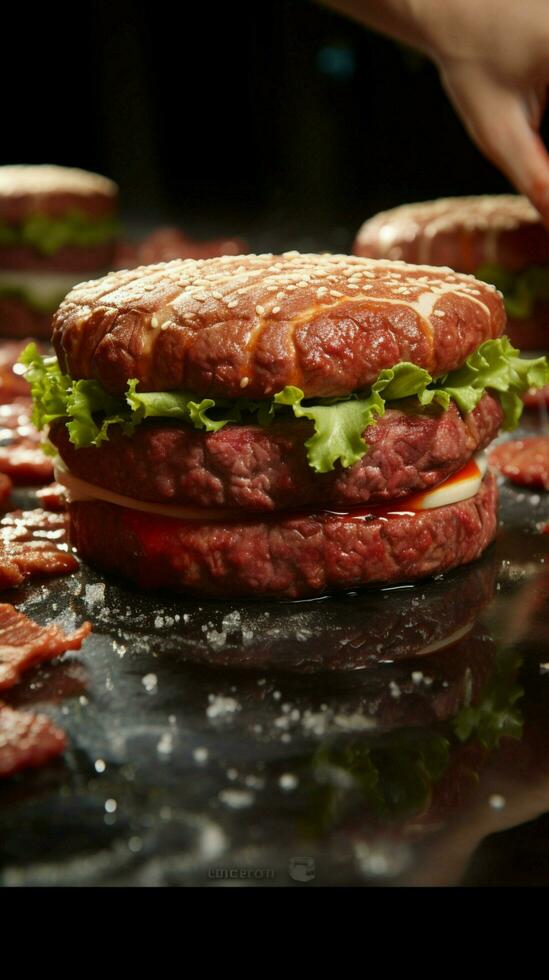 experto carnicería hábilmente transformar carne dentro Agua en la boca hamburguesa empanadas mediante meticuloso Procesando vertical móvil fondo de pantalla ai generado foto