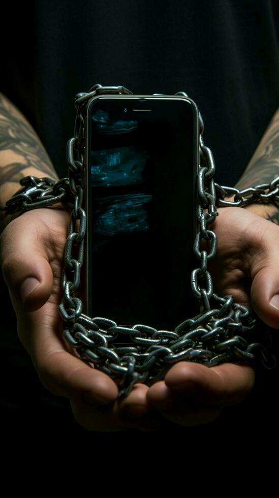 Fraudsters cuffed hands clutch phone, symbolizing addiction and illicit communications consequences Vertical Mobile Wallpaper AI Generated photo