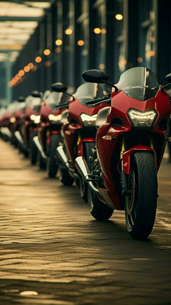 Front and center Row of motorcycles with Honda stands poised in attention Vertical Mobile Wallpaper AI Generated photo