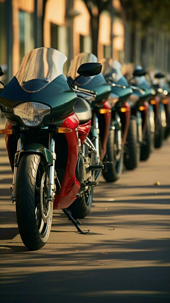 frente y centrar fila de motos con Honda soportes listo en atención vertical móvil fondo de pantalla ai generado foto