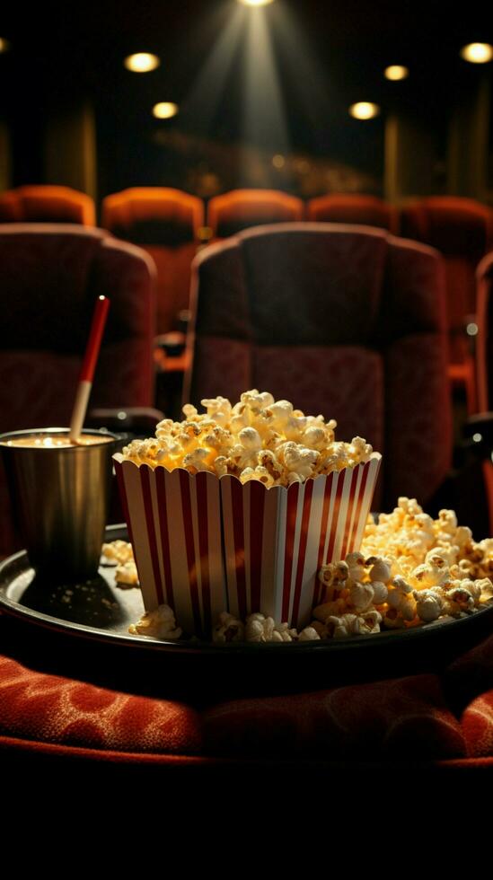 3d prestados teatro asiento acompañado por palomitas de maiz y beber, atractivo cinematográfico indulgencia vertical móvil fondo de pantalla ai generado foto