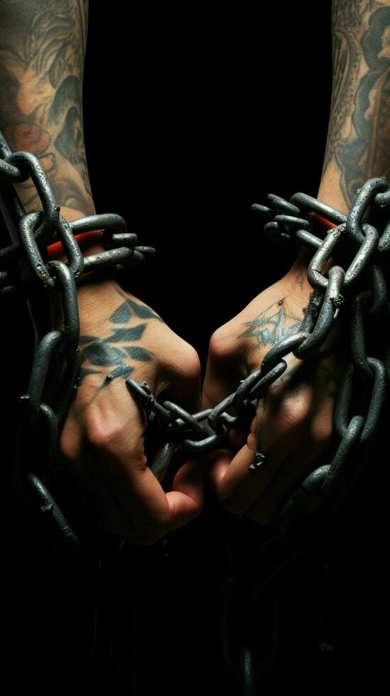 Hands escape metal chains, embracing liberated walks, the triumph over enslavements grip Vertical Mobile Wallpaper AI Generated photo