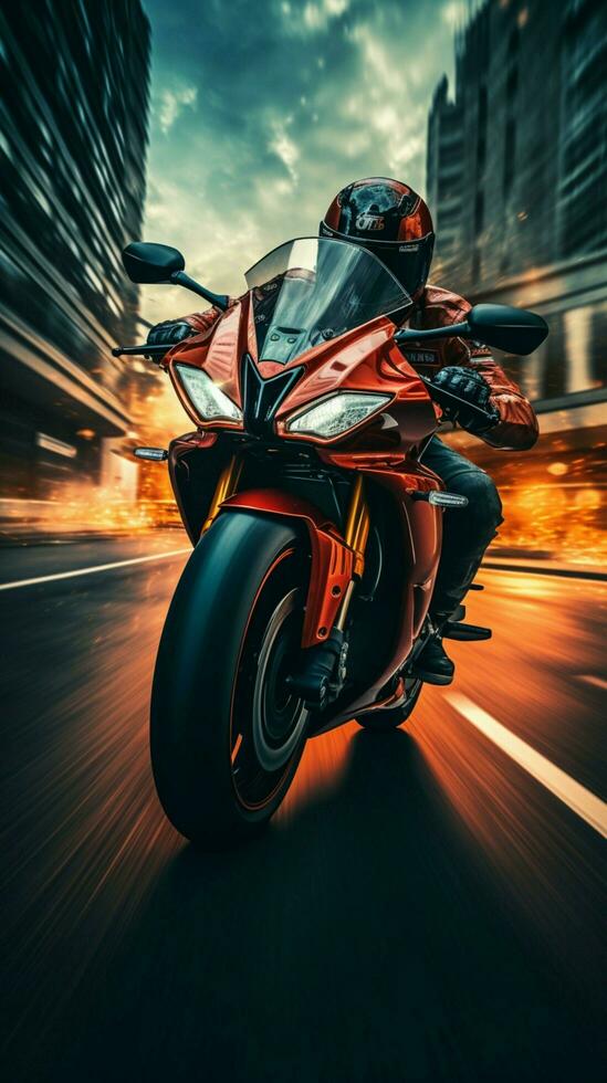 Motion blurred highway ride, biker on red motorcycle captivates in frontal perspective Vertical Mobile Wallpaper AI Generated photo