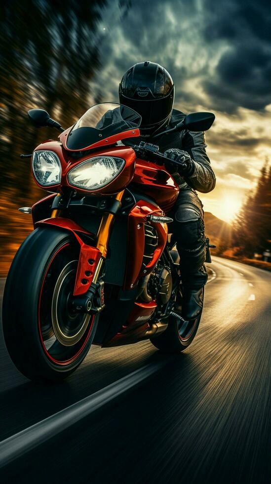 movimiento borroso autopista conducir, motorista en rojo motocicleta cautiva en frontal perspectiva vertical móvil fondo de pantalla ai generado foto