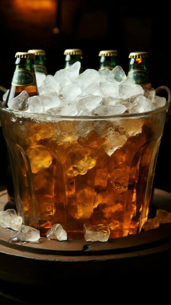 Refreshing beer awaits in chilled pail nestled amidst ice cold embrace for perfection Vertical Mobile Wallpaper AI Generated photo