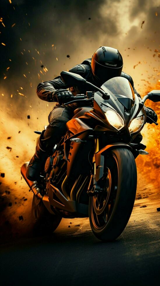 Rider blazes a trail on a high  speed motorcycle, channeling its formidable power Vertical Mobile Wallpaper AI Generated photo