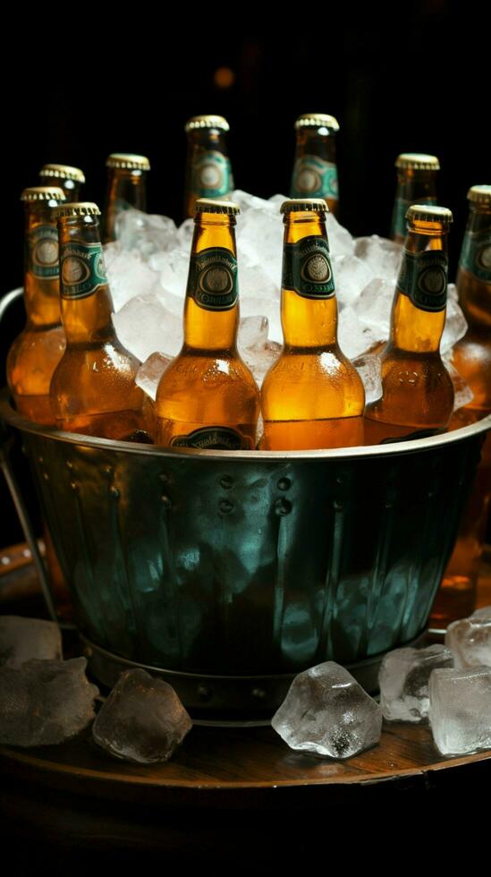 Refreshing beer awaits in chilled pail nestled amidst ice cold embrace for perfection Vertical Mobile Wallpaper AI Generated photo