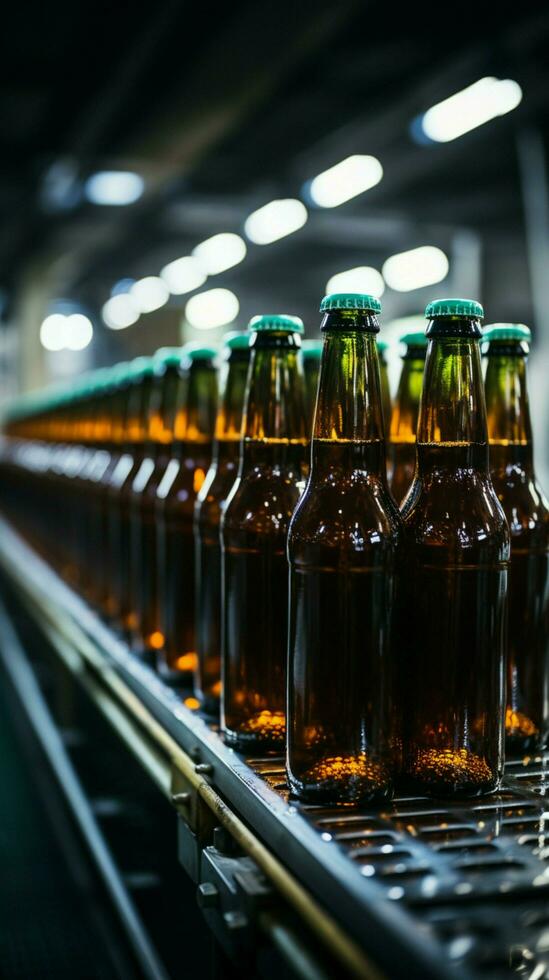 Selective focus on beer bottles on conveyor, shallow DOF highlights manufacturing precision Vertical Mobile Wallpaper AI Generated photo