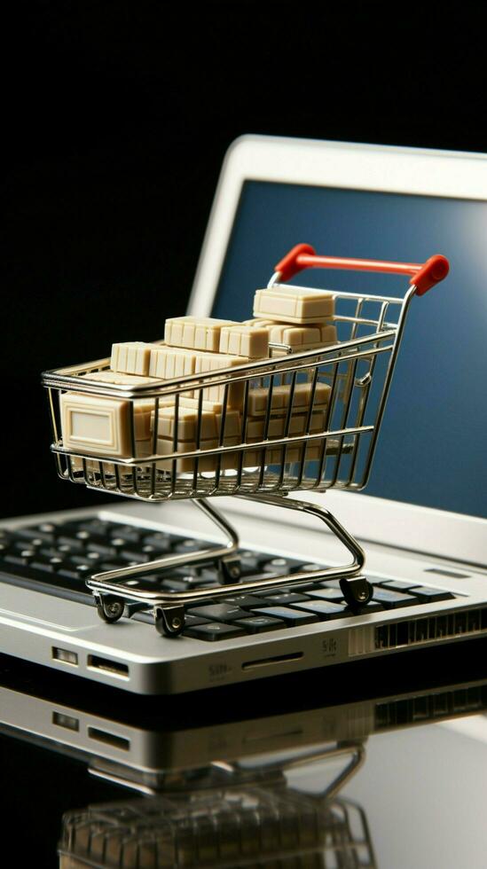 White isolation Laptop, shopping basket, keyboard encapsulate e  commerce concept online shopping portrayed Vertical Mobile Wallpaper AI Generated photo