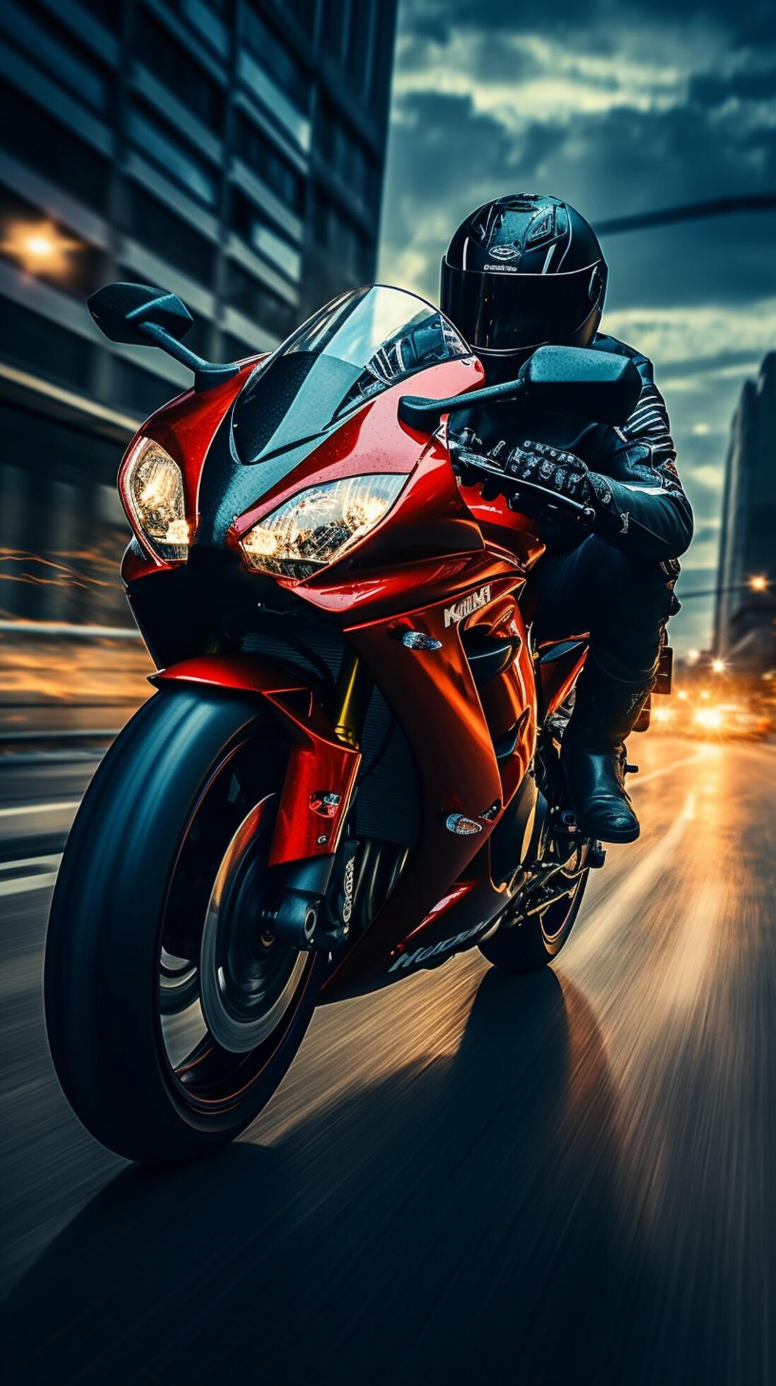 Blurred motion on highway as biker on red motorcycle commands attention